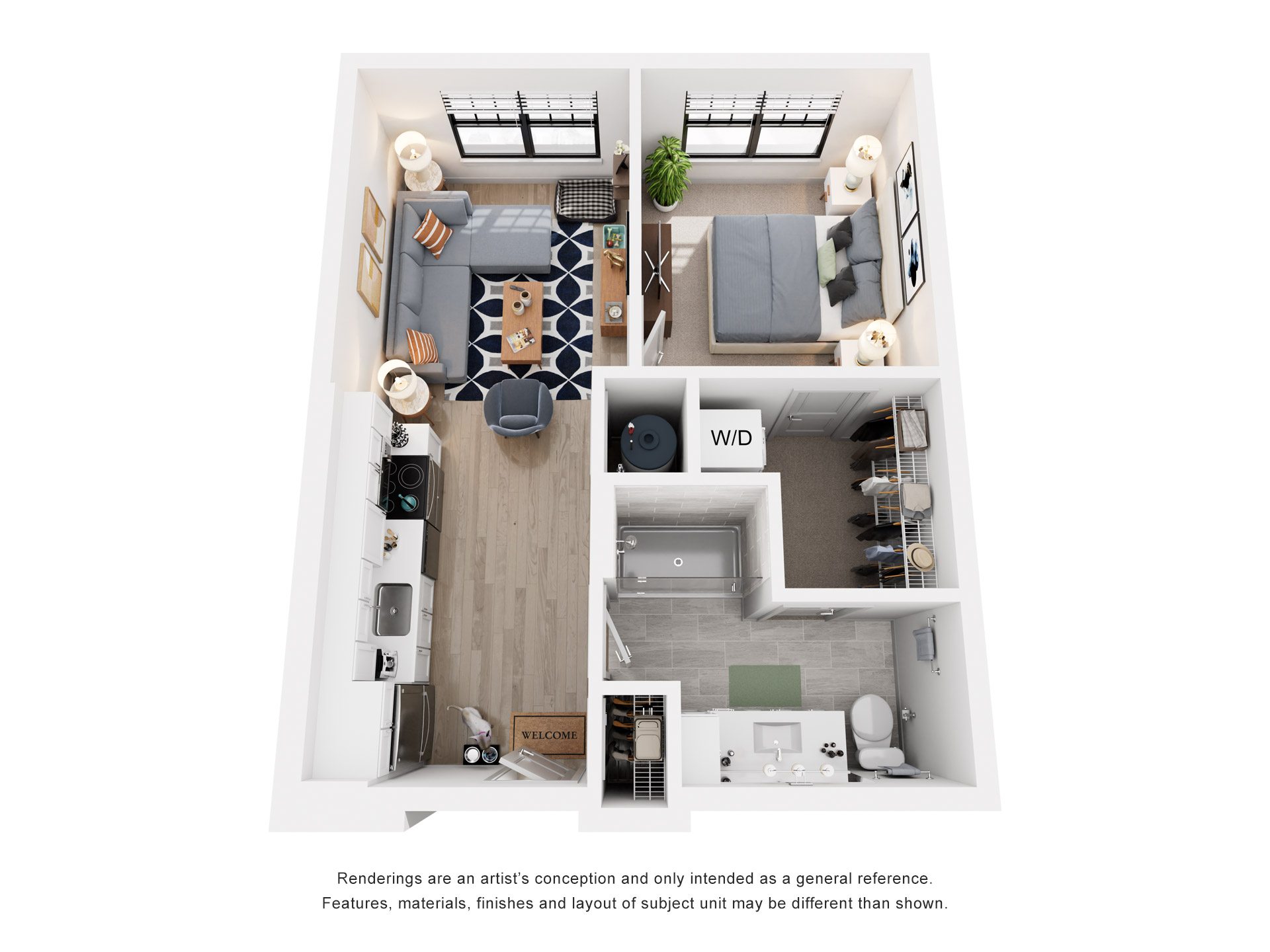 Floor plan for 1 bed, 1 bath, 601 sqft